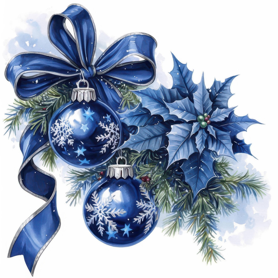 13 Blue Christmas Decorations Clipart Bundle, Printable Watercolor ...