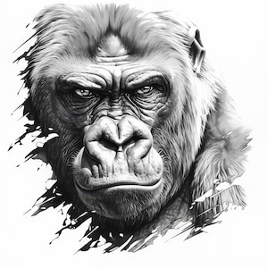 10 Black and White Gorilla Clipart Bundle, Gorilla Tattoo Images, Printable Watercolor Clipart, High Quality JPG, Paper craft, Junk Journals