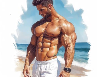 Paquete de 18 imágenes prediseñadas de hombres musculosos de verano, ilustración de hombres fitness, imágenes prediseñadas de acuarela imprimibles, JPG de alta calidad, manualidades de papel, revistas basura