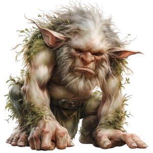 May include: A digital illustration of a squatting troll-like creature with a stern expression. The creature has gray fur, large ears, and is covered in green foliage. It wears a brown belt and has a scar on its face.