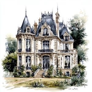 Puede incluir: Acuarela de una gran mansión ornamentada, con tejado gris oscuro y paredes color crema. El edificio presenta múltiples ventanas, balcones y detalles decorativos. La exuberante vegetación rodea la casa, con árboles y arbustos.
