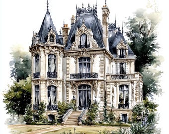 10 French Chateau Houses Clipart Bundle, French Home Illustration, Printable Watercolor Clipart, High Quality JPG, Paper craft, Junk Journal