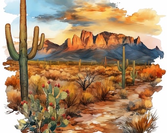 12 Desert Landscapes Clipart Bundle, Printable Watercolor Images, Arid Desert Illustration, High Quality JPG, Digital download, Junk Journal