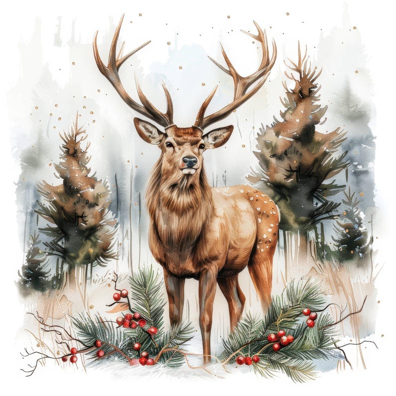 15 Christmas Deer Clipart Bundle, Reindeer, Printable Watercolor ...