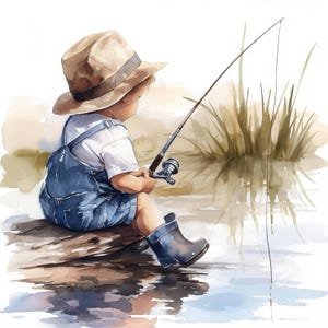 Pacote de 21 clipart de pesca infantil, paisagem de pesca de barco, clipart de aquarela para impressão, JPGs de alta qualidade, álbum de recortes, artesanato em papel, diário de lixo