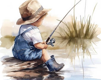 Paquete de 21 imágenes prediseñadas de pesca para niños, paisaje de pesca en barco, imágenes prediseñadas de acuarela imprimibles, archivos JPG de alta calidad, álbumes de recortes, manualidades de papel, diario basura