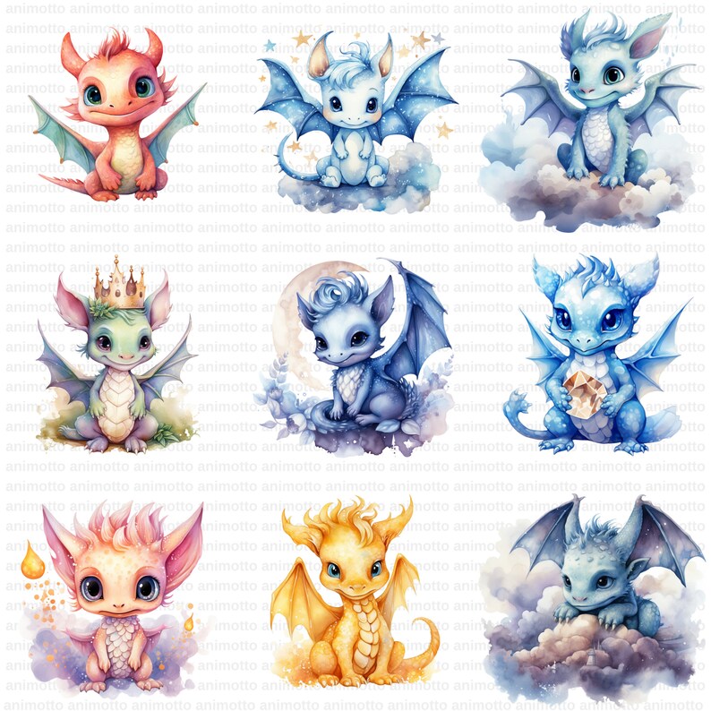 Watercolor Baby Dragons Clipart Bundle | Dragon Images, Adorable Dragon Illustrations | 65 PNG Graphic | Instant Download for Commercial Use