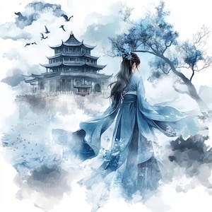 9 Japońskie Geisha Clipart Bundle, Wydrukowalne akwarelowe japońskie dziewczyny Clipart, Wysokiej jakości JPG, Cyfrowe, Do pobrania, Papierowe rzemiosło, Dziennik śmieci
