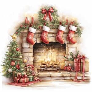 Pacchetto di 12 Clipart di caminetti natalizi, illustrazioni, clipart acquerellabili stampabili, JPG di alta qualità, creazioni di carta, diari di scarto