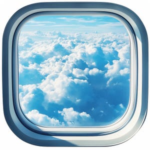 May include: A square airplane window frame with a view of a bright blue sky filled with fluffy white clouds. The window frame is a light blue-gray color with rounded corners, offering a glimpse of the sky and clouds.