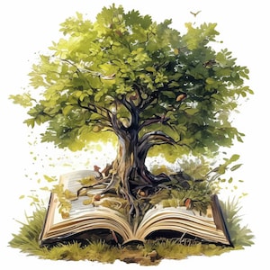 Lot de 11 arbres qui poussent à partir d'un livre, illustration à livre ouvert, clipart aquarelle imprimable, JPG haute qualité, créations en papier, journaux indésirables