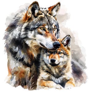 17 wolf en babywolf portret clipart, kleine wolf, aquarel clipart print, hoge kwaliteit jpg, digitale download, papierkunst, junk journal