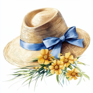 16 Pacchetto di clipart con cappello estivo e fiori gialli, clipart stampabili ad acquerello, JPG di alta qualità, artigianato di carta digitale, diario spazzatura, biglietti