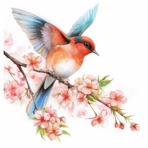 15 Spring Bird with Branch Clipart Bundle, Floral Illustrations, Printable Watercolor Clipart, High Quality JPG, Paper craft, Junk Journals