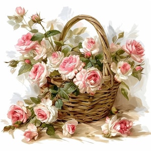 14 Shabby Chic Roses Clipart Bundle, Eleganckie ilustracje róż, Wydrukowalne akwarelowe cliparty, Wysokiej jakości JPG, Papierowe rzemiosło, Dzienniki śmieci