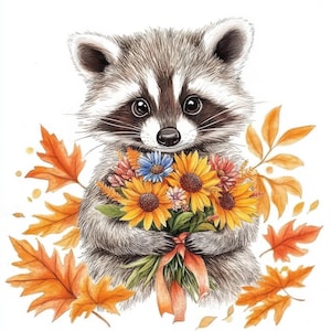 Paquete de 11 imágenes prediseñadas de mapaches con hojas, ilustraciones de otoño, imágenes prediseñadas de acuarela imprimibles, JPG de alta calidad, manualidades de papel, diario basura