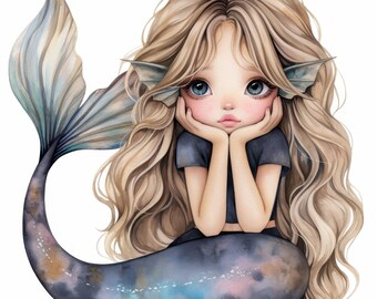 12種類のかわいい金髪の人魚のクリップアートセット、人魚の女の子の
