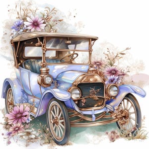10 Victorian Vintage Car Printable Watercolor Clipart , Old Print, Nostalgic Illustrations, High Quality JPG, Digital download, Paper craft