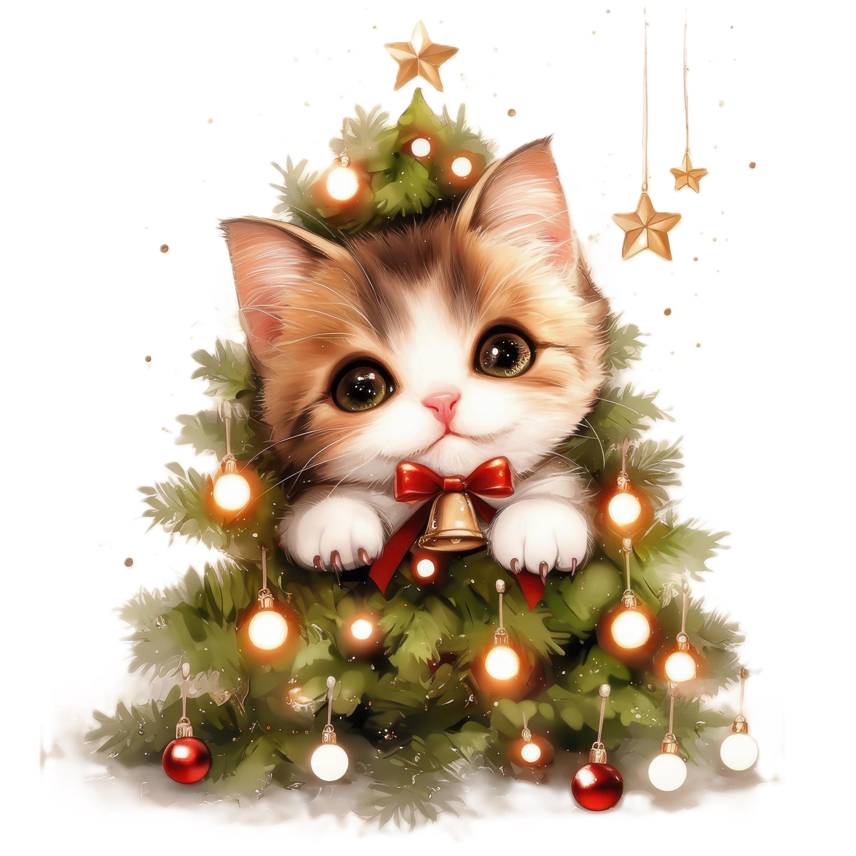 14種類の風変わりなサンタ猫のクリップアートセット、クリスマスの子猫