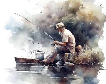14 Man Fishing Clipart Bundle, Boat Fishing Illustrations, Printable Watercolor Clipart, High Quality JPGs, Digital Download, Commercial Use
