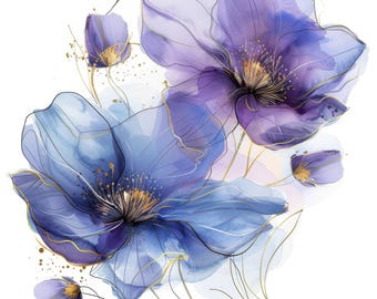 Paquete de 12 imágenes prediseñadas de flores moradas abstractas, imágenes prediseñadas de acuarela imprimibles, planificadores digitales, manualidades de papel, diarios basura, archivos JPG de alta calidad.