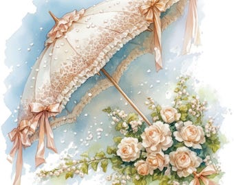 Zestaw 18 kwiatowych parasoli, ilustracja sztuki wiktoriańskiej, do druku, akwarelowe cliparty, wysokiej jakości JPG, do pobrania w wersji cyfrowej, do użytku komercyjnego