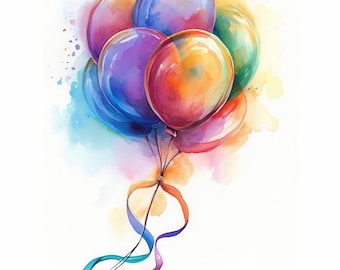 18 Colorful Celebration Balloons Clipart Bundle, Printable Watercolor Party Images Illustration, High Quality JPG, Junk Journal, Paper Craft