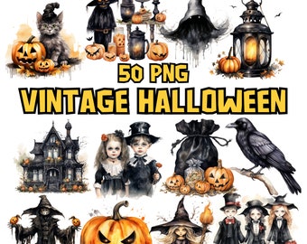 Watercolor Vintage Halloween Clipart Bundle, Retro PNG Graphic, Vintage Clipart Set, Black and White Halloween Illustrations, Commercial Use