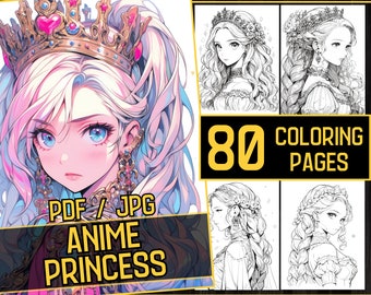Anime Princess Girls Adult Coloring Book 80 Coloring Pages Book,Grayscale Fantasy Anime Manga Coloring,Instant Download,Printable PDF & JPG