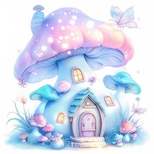 11 Fairy Houses Clipart Bundle, Printable Watercolor Fantasy Mushrooms Images Illustrations, High Quality JPGs, Junk Journals, Paper Crafts