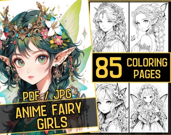 Anime Beatiful Fairy Girls Adult Coloring Book 85 Beatiful Coloring Pages,Grayscale Fairy Anime Manga Coloring,Instant,Printable PDF & JPG