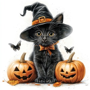 14 Halloween Cat with Witch Hat Clipart Bundle, Printable Watercolor Clipart, High Quality JPGs, Paper craft, junk journals, Card Making