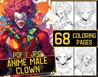 Anime Male Clown Adult Coloring Book 68 Clown Coloring Pages,Grayscale Men Anime Manga Coloring,Instant Download,Printable PDF & JPG