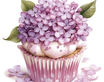 Könnte beinhalten: Ein Cupcake mit hellbraunem Boden, belegt mit rosa Zuckerguss und einem Cluster aus lila Fliederblüten. Die Cupcake-Form ist rosa mit weißem Blumenmuster. Verstreute Fliederblütenblätter liegen herum.