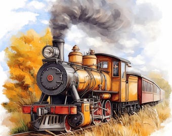 15 Cartoon Trains Clipart Bundle, Locomotive Prints Illustration, Printable Watercolor Clipart, High Quality JPG, Paper craft, Junk Journals