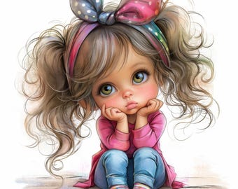 13 Quirky Cute Little Girl Clipart Bundle, Whimsical Illustration, Printable Watercolor clipart, High Quality JPG, Paper craft, Junk Journal