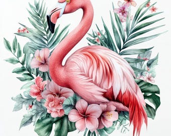 10 Floral Flamingos Clipart Bundle, Printable Watercolor Animal Illustration, High Quality JPGs, Digital download, Paper craft, junk journal