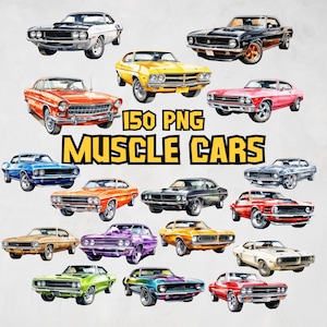 Watercolor Muscle Cars Clipart Bundle, Classic Car Clipart Set, Muscle Car Illustrations, Transparent PNG Car Graphics, Commercial Use