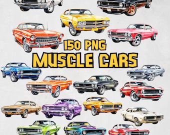 May include: A collection of 150 PNG images featuring classic muscle cars in various colors and styles. The cars are depicted in a watercolor style, with a vintage aesthetic.