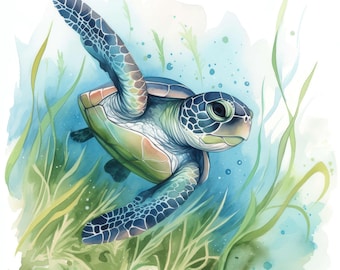 Op de afbeelding: Waterverfillustratie van een zeeschildpad die onder water zwemt. De schildpad heeft een groen en blauw schild met een patroon. De achtergrond toont blauw water en groen zeegras.