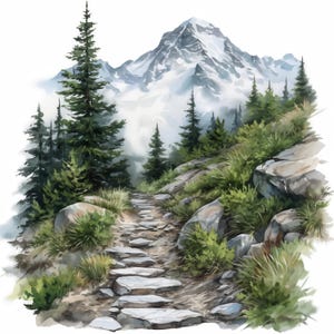 以下が含まれることがあります： 雪に覆われた山の頂上へと続く山道を描いた水彩画。道は石の階段でできており、緑豊かな木々や草木に囲まれている。