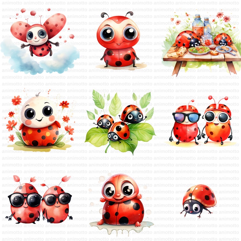 Watercolor Cute Ladybugs Clipart Bundle, Adorable Ladybug PNG Graphics, Ladybug Illustrations, Instant Download for Commercial Use