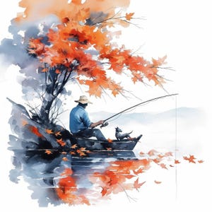 Paquete de 17 imágenes prediseñadas de pescador otoñal, imágenes prediseñadas de acuarela imprimibles, JPG de alta calidad, descarga digital, manualidades de papel, fabricación de tarjetas, diario basura
