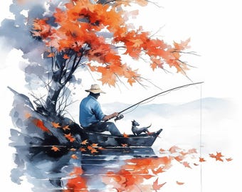 17 Autumn Fisherman Clipart Bundle, Printable Watercolor clipart, High Quality JPG, Digital download, Paper craft, Card Making, Junk Journal