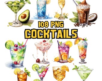 Imágenes prediseñadas de cócteles en acuarela / Ilustraciones de piña colada, margarita, martini, whisky sour y mai tai / Descarga instantánea para uso comercial