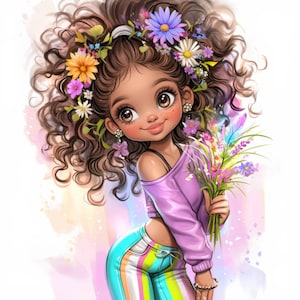 14 Funny Black Girl Clipart Bundle, Cute Spring Girl Illustration, Printable Watercolor Clipart, High Quality JPG, Paper craft, Junk Journal