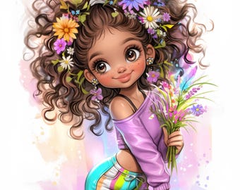 14 Funny Black Girl Clipart Bundle, Cute Spring Girl Illustration, Printable Watercolor Clipart, High Quality JPG, Paper craft, Junk Journal