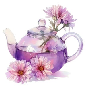 May include: A watercolour illustration of a glass teapot filled with purple liquid and decorated with pink flowers. The teapot has a clear handle, spout, and lid. The image features pink and purple flowers.