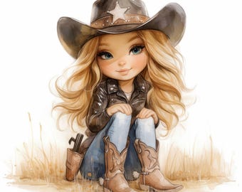 13 Cute Cowgirl Clipart Bundle Set, Card Making Illustrations, Printable Watercolor clipart, High Quality JPG, Digital download, Paper craft