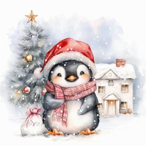14 gezellige sneeuwpinguïn clipartbundel, afdrukbare aquarel dierenafbeeldingen, kerstkaart maken illustratie, hoge kwaliteit JPG, Paper Crafts
